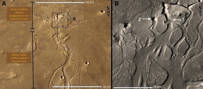 Vista del canal de salida Hebrus Valles, donde se observa su desaparición, y detalles, como un posible punto de colapso del techo de una cavidad (2). Fuente: NASA/JPL-Caltech/MSSS/PSI.