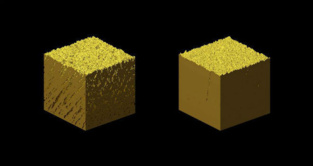 El oro nanoporoso (izquierda), frente al normal (derecha). Fuente: CSIC.
