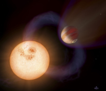 Recreación de un ‘Júpiter caliente’ similar a WTS-1b, pero con una órbita más rápida y cercana a su estrella. Imagen: NASA, ESA, A. Schaller. Fuente: divulgaUNED.