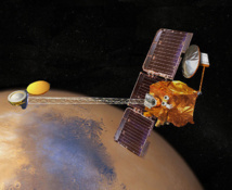 Imagen artística de la Sonda espacial Mars Odyssey 2001. Imagen: NASA. Fuente: Wikimedia Commons.