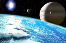 Representación artística de un planeta extrasolar gigante con un satélite similar a la tierra, con vastos océanos de agua. Imagen: Lucianomendez. Fuente: Wikimedia Commons.