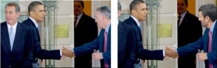 Uno de los montajes utilizados en el experimento. La foto de la izquierda es real, la de la derecha (Obama con el presidente de Irán), es falsa. Fuente: Freakonomics/Universidad de California. Uno de los montajes utilizados en el experimento. La foto de la izquierda es real, la de la derecha (Obama con el presidente de Irán), es falsa. Fuente: Freakonomics/Universidad de California.