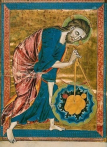 Dios creando el universo a través de principios geométricos. Frontispicio de la Bible Moralisée, 1215. Fuente: Wikimedia Commons.