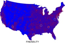 Mapa de densidad de cómo de fácil es encontrar a alguien (o algo) en una zona de Estados Unidos, según el modelo creado por los investigadores. (Azul = difícil, rojo=fácil). Los círculos indican las posiciones de los globos en el concurso de DARPA en 2009. Fuente: UC3M.