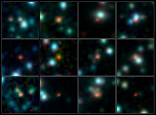 En rojo, los estallidos de formación estelar, correspondientes a cada galaxia. Fuente: ESO.