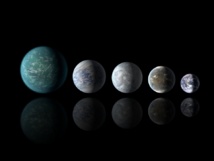 Tamaños relativos de todos los planetas en zona de habitabilidad descubiertos,  con respecto a la Tierra. De izquierda a derecha: Kepler-22b, Kepler-69c, Kepler-62e, Kepler-62f y la Tierra (a excepción de la Tierra, se trata de artistas entregas extrajudiciales). Fuente: NASA Ames / JPL-Caltech.