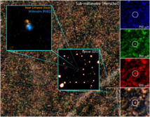 Al fondo, se aprecia una imagen obtenida a partir de las observaciones con el instrumento SPIRE de Herschel. Cada punto brillante es una galaxia distante con alta formación estelar. Fuente: ESA / Herschel / Hermes / IRAM / IAC / GTC / W.M. Keck Observatory.