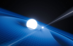Impresión artística del púlsar PSR J0348+0432 y su compañera enana blanca. Fuente: ESO.