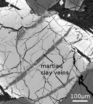 Imagen de microscopio electrónico que muestra las vetas de arcilla presentes en el meteorito marciano analizado, y que contienen boro.  Fuente: UH.