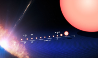 Esta imagen (click para ampliar) recorre la vida de una estrella similar al Sol, desde su nacimiento (izquierda) hasta convertirse en una gigante roja (derecha). En la línea de tiempo inferior se puede ver la etapa en la que se encuentran nuestro Sol y los gemelos solares 18 Sco y HIP 102152 en este ciclo de vida. Imagen:  ESO/M. Kornmesser.