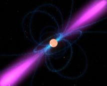 Impresión artística de un púlsar rodeado por su fuerte campo magnético (azul). Fuente: NASA.