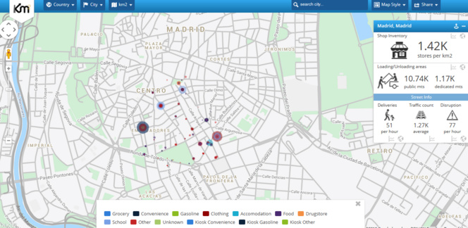 Esta captura de pantalla muestra un ejemplo de los datos disponibles en la actualidad en Km2, en relación a las entregas a los diferentes tipos de tiendas (marcados con un código de colores) en Madrid. Fuente: Km2