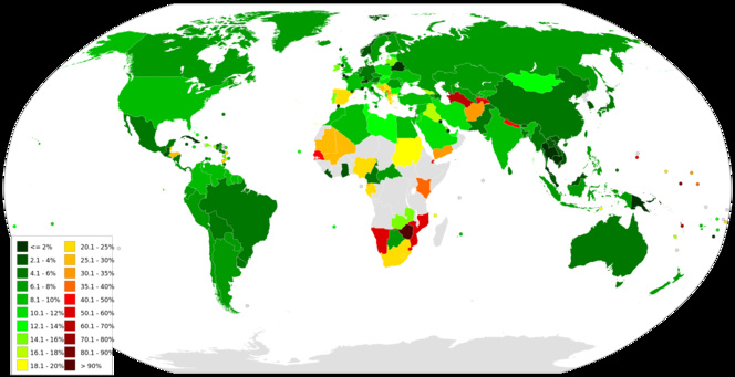 Tasa de desempleo por países, 2009. Imagen: Jolly Janner. Fuente: CIA-The World Factbook/Wikipedia.