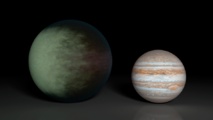 A la izquierda, Kepler-7b, 1,5 veces mayor que Júpiter, a la derecha. Fuente: ASA/JPL-Caltech/MIT.