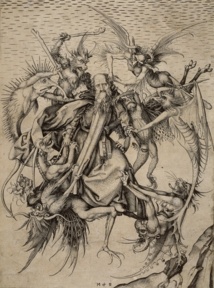 La tentación de San Antonio (c. 1475), de Martin Schongauer (1448-1491). Imagen de The Metropolitan Museum of Art de Nueva York. Fuente: Wikipedia.