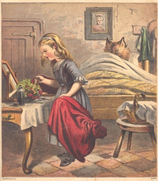 Ilustración inglesa de 1868, para una edición neerlandesa de Caperucita Roja. Imagen: BJZ, Kronheim & Co. Fuente: Wikipedia.