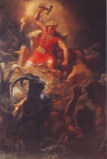 El dios Thor, de los vikingos, en la batalla contra los gigantes. Pintura de Mårten Eskil Winge (1872). Fuente: Wikipedia.
