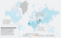 Mapa de género en las publicaciones científicas. En azul, los países donde predominan los artículos firmados por hombres. En blanco, los que tienen paridad. En naranja, aquellos donde predominan las mujeres. Fuente: Nature.