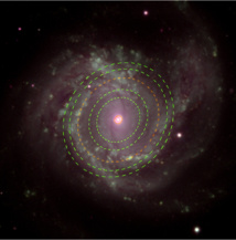 Imagen de Messier 61, una de las galaxias estudiadas. Superpuestos, están trazados los anillos de ondas obtenidos en esta galaxia. Fuente: SLOAN + IACbia.