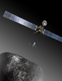 Representación artística del lanzamiento del pequeño módulo de aterrizaje de Rosetta, bautizado como Philae, aterrizando en la superficie del gélido 67P/Churiumov-Guerasimenko. Imagen: ESA–C. Carreau/ATG medialab.
