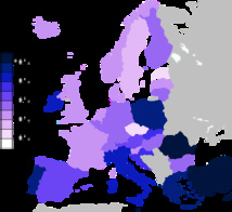 Porcentajes de creencia en Dios en Europa, a partir de datos del Eurobarómetro (2005). Fuente: Wikipedia.