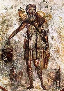 Una de las más antiguas representaciones de Jesús como el Buen Pastor, realizada hacia el año 300. Fuente: Wikipedia.