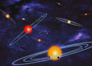 Recreación artística de sistemas planetarios múltiples, formados por estrellas con más de un planeta en órbita. Fuente: NASA.