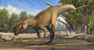 Reconstrucción de Torvosaurus  gurneyi en su entorno. Imagen: Sergey Krasovskiy.