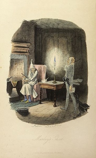 Scrooge y el fantasma de Jacob Marley. Ilustración de John Leech de 1843. Fuente: Wikipedia.