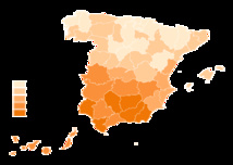 Mapa del desempleo por provincias españolas. EPA Tercer trimestre 2012 (Datos INEM). Imagen: NACLE2. Fuente: Wikipedia.