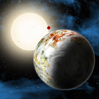 Kepler 10-c, en primer plano; detrás, el "mundo de lava" Kepler 10-b; y al fondo, una estrella tipo Sol. Imagen: David A. Aguilar. Fuente: CfA.
