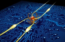 Ilustración del 'router' fotónico creado por los científicos del Instituto Weitzmann. El átomo está en el medio, y las líneas amarillas son los fotones. Fuente: Instituto Weitzmann de Ciencia.