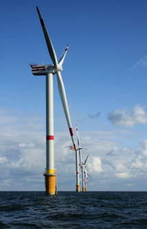 Parque eólico offshore de Thorntonbank en la costa belga, Mar del Norte. El factor de planta de los parques eólicos varía entre el 20 y 40%. Fuente: Wikipedia.org.