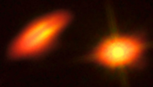 Composición de HK Tauri a partir de imágenes obtenidas con Hubble y ALMA. Fuente: ESO.