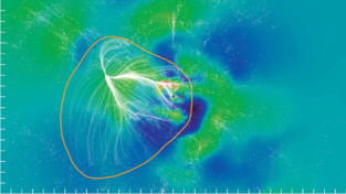 Un corte del Supercúmulo Laniakea en el plano ecuatorial supergaláctico -un plano imaginario que contiene muchos de los cúmulos más masivos de esta estructura-. Los colores representan la densidad dentro de este sector: las altas densidades en rojo y las bajas en azul. Las galaxias individuales están representadas como puntos blancos, y el punto rojo es la Tierra. La línea naranja marca los límites de Laniakea. Fuente: DP en CEA (Saclay, Francia).