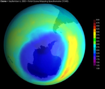 Imagen del agujero de ozono más grande en la Antártida registrada en septiembre de 2000. Datos obtenidos por el instrumento Total Ozone Mapping Spectrometer (TOMS) a bordo de un satélite de la NASA. Fuente: Wikipedia.