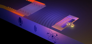 Las ondas de sonido generadas en el átomo artificial (derecha) se transmiten a través de la superficie de un sólido hasta llegar al 'micrófono' (izquierda). Imagen: Philip Krantz. Fuente: Krantz NanoArt.