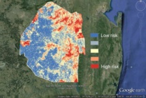 Mapa de riesgo de malaria en Suazilandia en la estación de transmisión de la enfermedad, con datos de 2011-13. Fuente: UCSF.