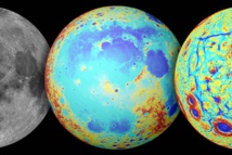 La Luna, vista en el espectro visible (izda.), con colores topográficos (rojo es alto y azul bajo), y según los gradientes de gravedad observados por Grail (dcha.). Fuente: NASA/Colorado School of Mines/MIT/JPL/Goddard Space Flight Center.