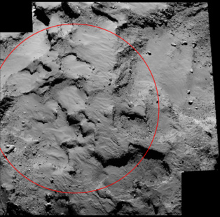 J, el punto en el que aterrizará Philae, visto desde 30 kilómetros de distancia. Fuente: ESA/Rosetta/MPS for OSIRIS Team MPS/UPD/LAM/IAA/SSO/INTA/UPM/DASP/IDA.