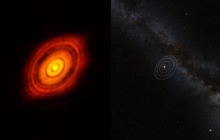 Imagen obtenida por ALMA de la joven estrella HL Tauri (izquierda) y comparación de dicha imagen con nuestro Sistema Solar. Fuente: ESO.