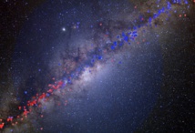 Los marcadores de la curva de rotación utilizados en la investigación, sobre una foto del disco de la Vía Láctea, vistos desde el hemisferio Sur. Los marcadores están en azul o en rojo dependiendo de su movimiento relativo respecto al Sol. El halo azul, esféricamente simétrico, representa la distribución de materia oscura. Imagen: Serge Brunier. Fuente: CSIC/Universidad de Escocolmo.