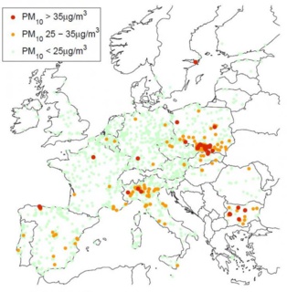 Mapa de concentraciones medias anuales de PM10 en Europa para el año 2030 si la legislación actual siguiera en vigor. Imagen: Kiesewetter et al. Fuente: IIASA.