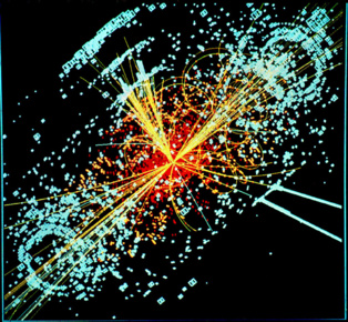 Una traza hipotética del bosón de Higgs en una colisión simulada de protón-protón. Imagen: Lucas Taylor. Fuente: CERN. Una traza hipotética del bosón de Higgs en una colisión simulada de protón-protón. Imagen: Lucas Taylor. Fuente: CERN.