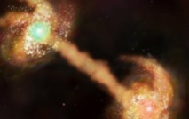 Imagen de dos galaxias espirales, cada una con un agujero negro en su centro. Imagen: NASA/CXC/M.Weiss. Fuente: CfA.