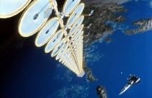 Ilustración de la NASA dónde se representa una torre solar, que podría transmitir energía de forma inalámbrica a una nave espacial o incluso hasta la Tierra. «Suntower». Publicado bajo la licencia Dominio público vía Wikimedia Commons.