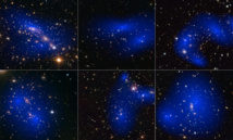 Collage de seis colisiones de cúmulos galácticos con mapas de material oscura. Fuente: ESA.