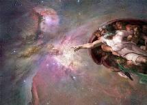El Dios de Miguel Angel superpuesto en una imagen de Orion captada por el Hubble.