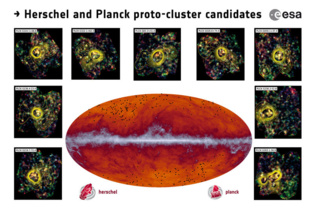 Mosaico de todas las áreas de cielo identificadas por el satélite Planck y observadas por Herschel. Fuente: ESA/Colaboración Planck.