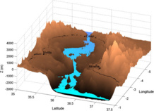 Vista tridimensional del mar de Alborán con el nivel del agua después de 15 días de inundación. Imagen: US. Fuente: Sinc. Vista tridimensional del mar de Alborán con el nivel del agua después de 15 días de inundación. Imagen: US. Fuente: Sinc.